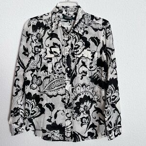 Lauren by Ralph Lauren Ivory & Black Floral Boho Silk Blend Button Front Blouse
